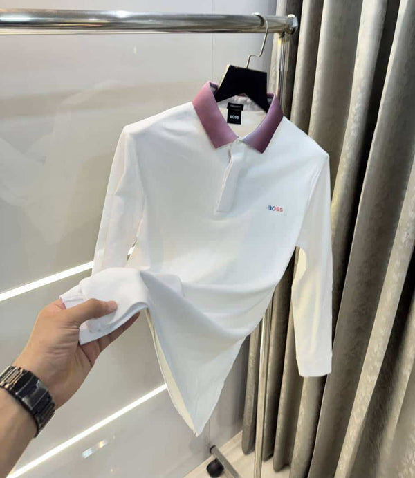 Hugo Bos s White Collar Look Premium Full Sleeve Polo T-Shirt