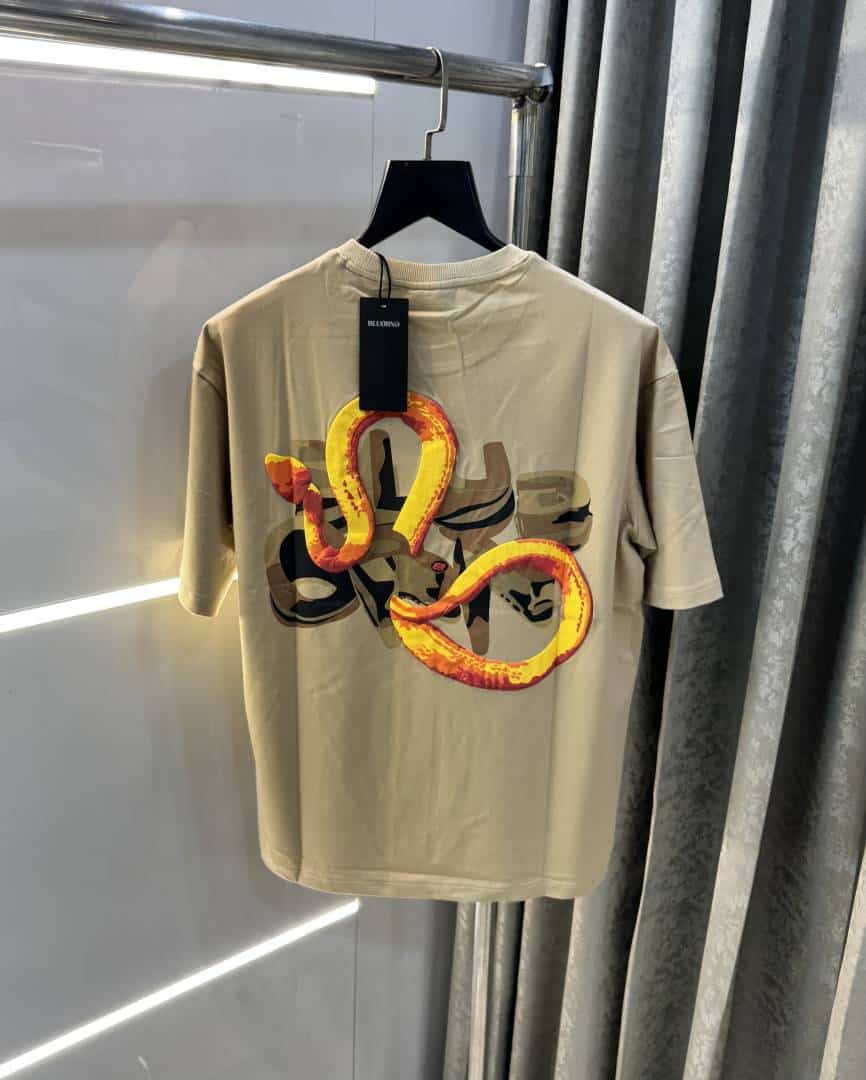 Bluorng Beige EmBo-ssed Print Imported Oversized T-Shirt