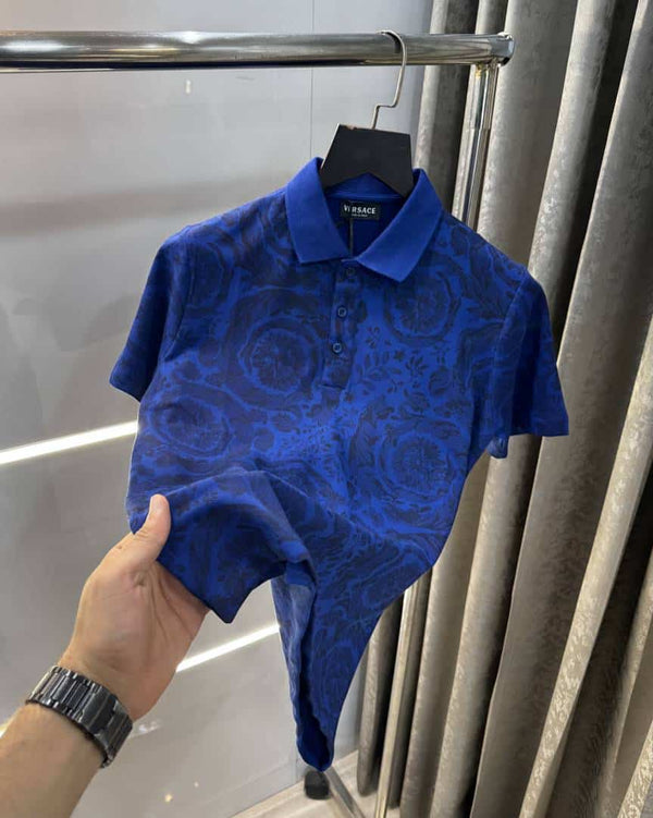 Versac e Couture Blue Floral Imported Polo T-Shirt