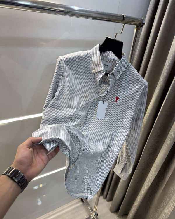 Ami Paris Grey strips Embroidery Logo Premium Linen Shirt