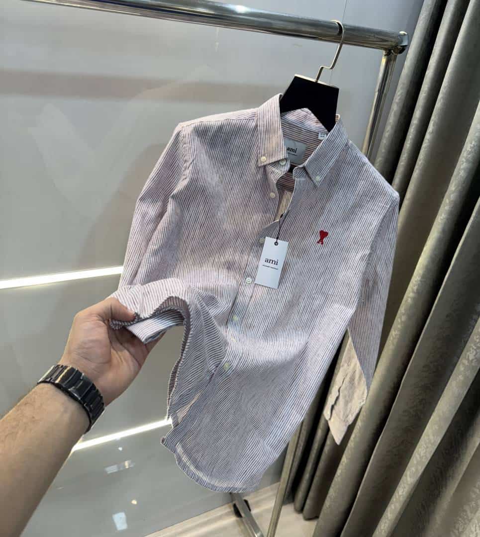 Ami Paris Milange strips Embroidery Logo Premium Shirt