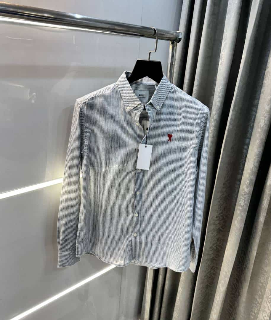Ami Paris Grey strips Embroidery Logo Premium Linen Shirt Main image