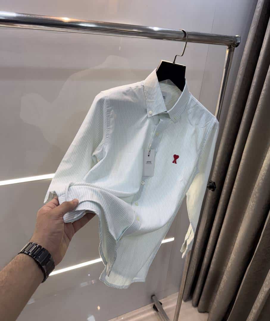 Ami Paris Green Stripes Embroidery Logo Premium Shirt Main image