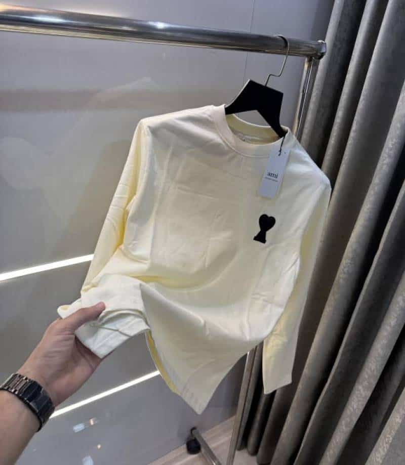 Ami Paris Cream Patch Logo Premium Full Sleeve T-Shirt Main image
