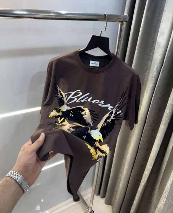 Bluoran g  Brown Eagle Embo$sed Print Imported Oversized T-Shirt