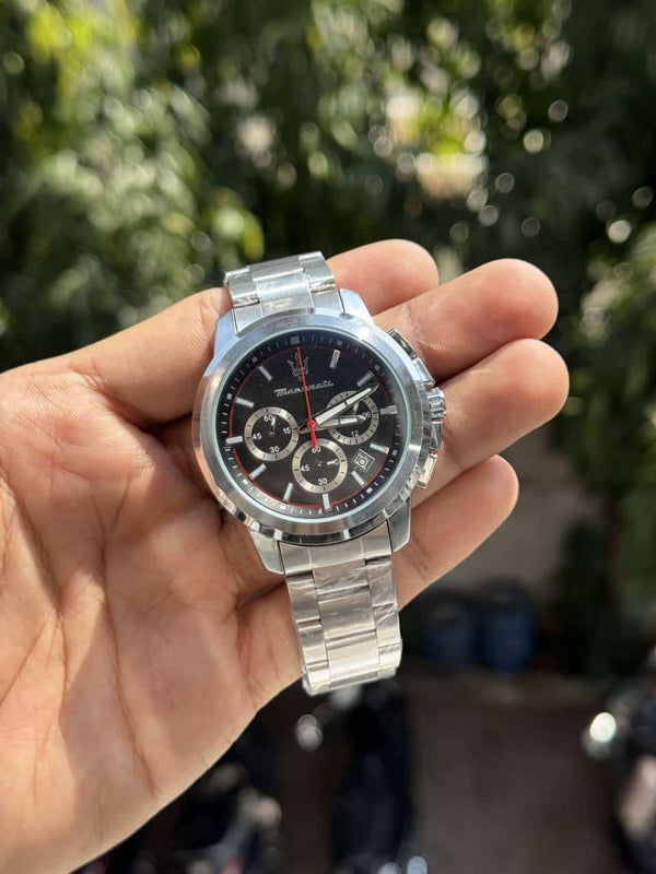 Maserati Metal Silver Black Dial Chronograph Watch
