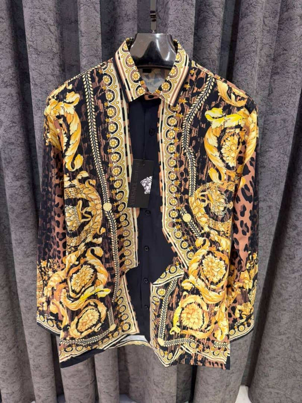 VERSACEE BOROCCO SHIRT IMPORTED HALF SLEEVES GOLD BLACK