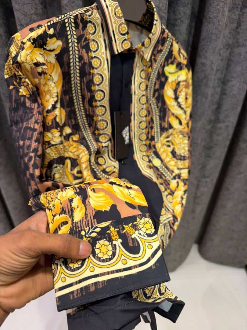 VERSACEE BOROCCO SHIRT IMPORTED HALF SLEEVES GOLD BLACK