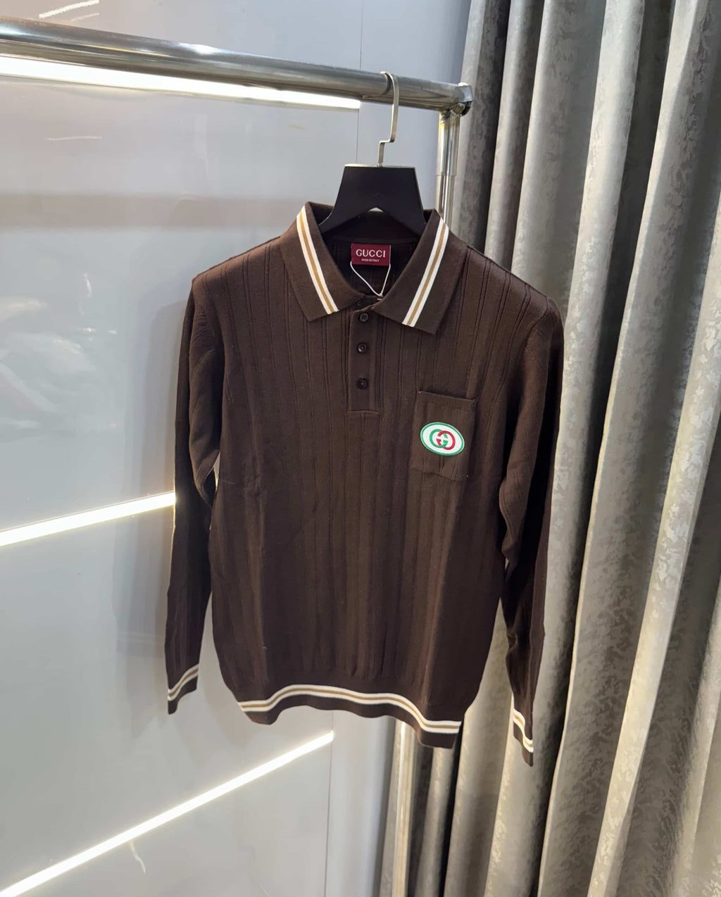 Gucc i Brown Logo Work Imported Knitted Polo T-Shirt