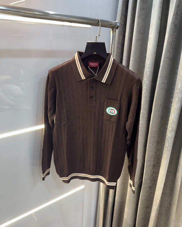 Gucc i Brown Logo Work Imported Knitted Polo T-Shirt