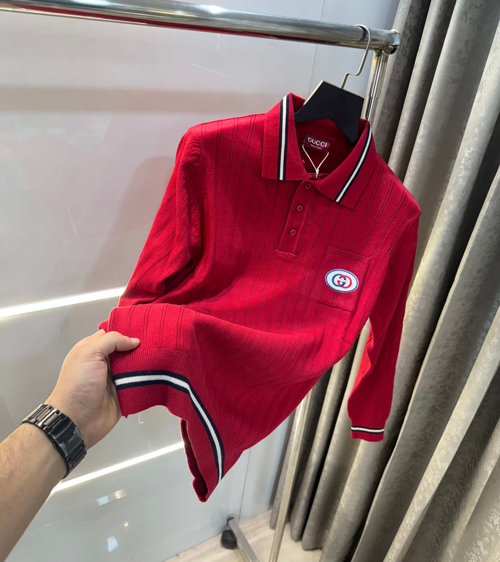 Gucc i Red Logo Work Imported Knitted Polo T-Shirt