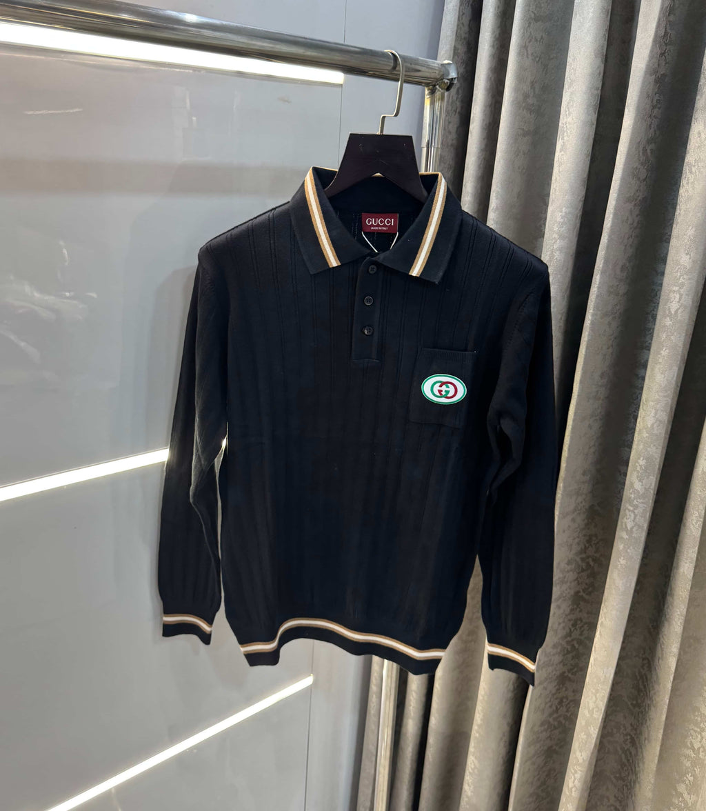 Gucc i Black Logo Work Imported Knitted Polo T-Shirt