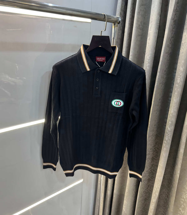 Gucc i Black Logo Work Imported Knitted Polo T-Shirt