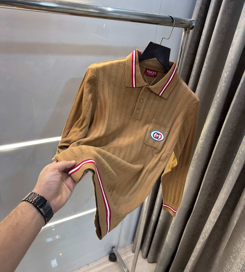 Gucc i Beige Logo Work Imported Knitted Polo T-Shirt