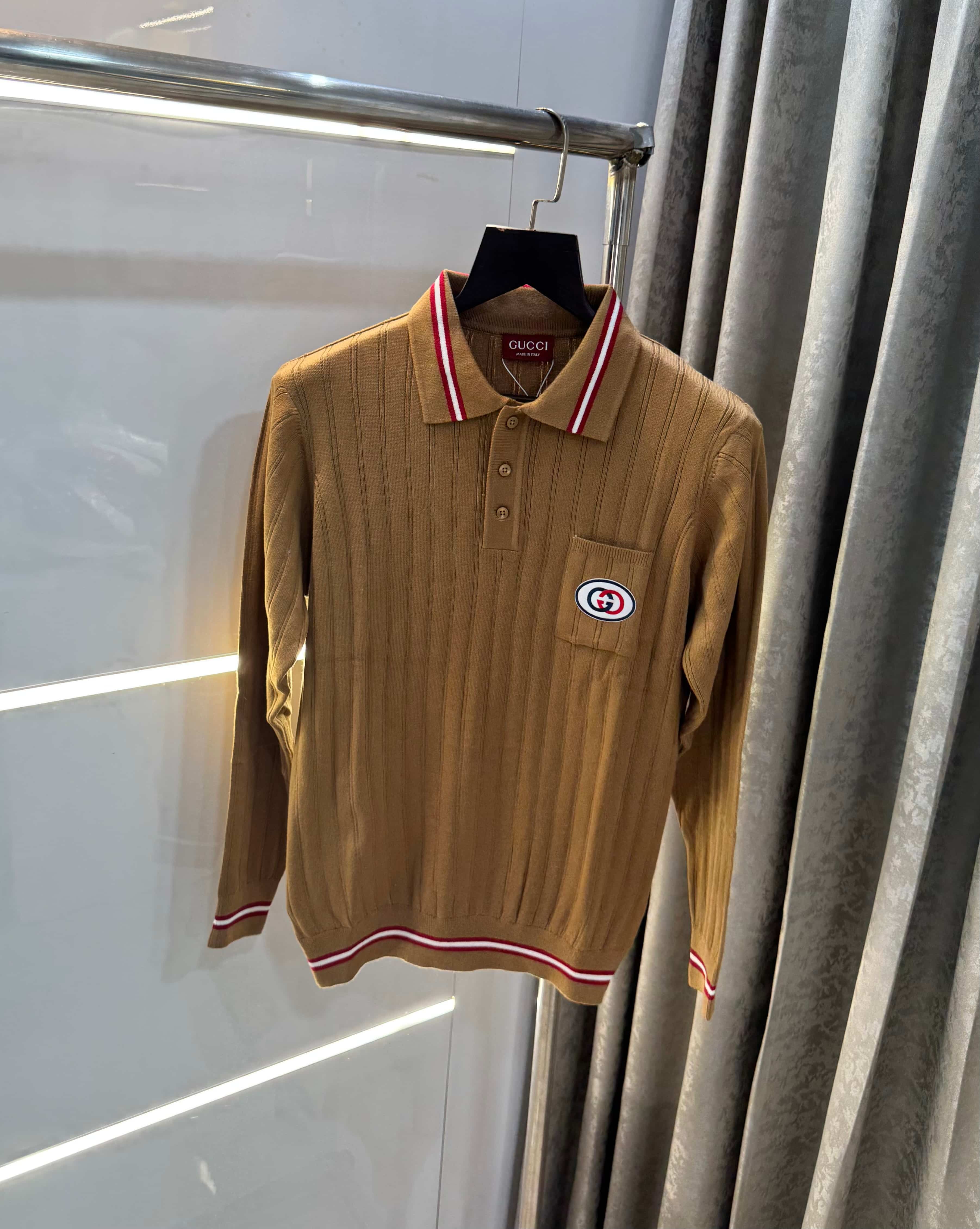 Gucc i Beige Logo Work Imported Knitted Polo T-Shirt