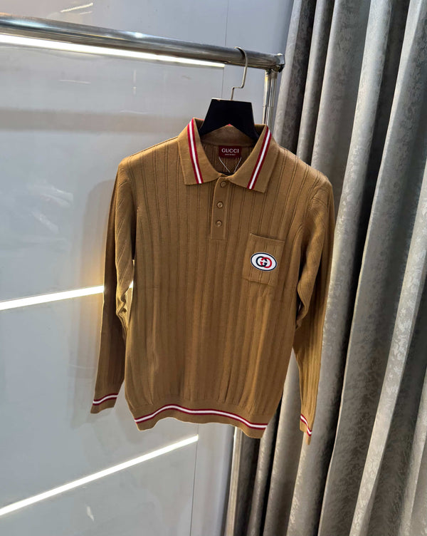 Gucc i Beige Logo Work Imported Knitted Polo T-Shirt