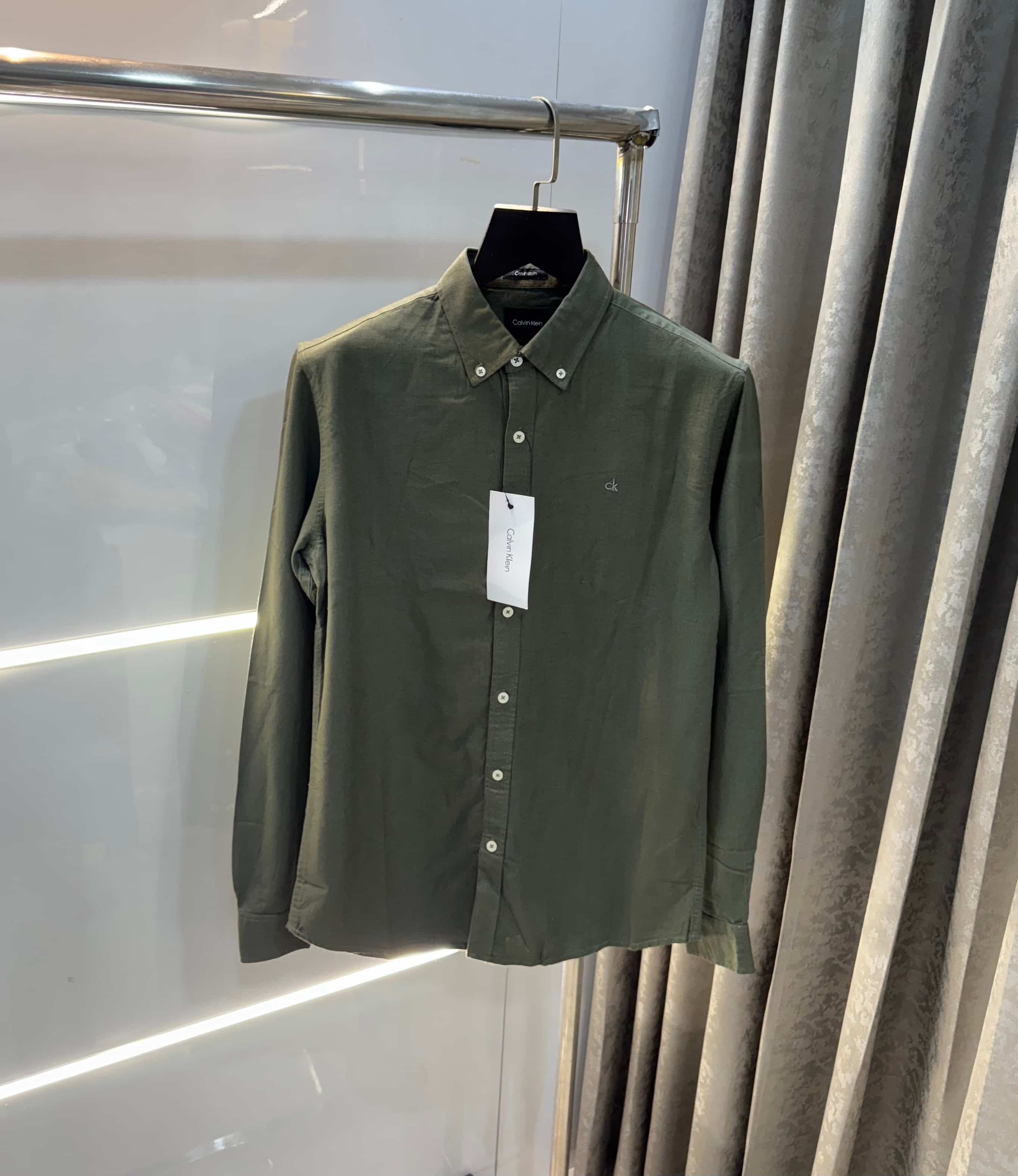 Calvin   klein Olive Green Embroidery Logo Premium Linen Shirt