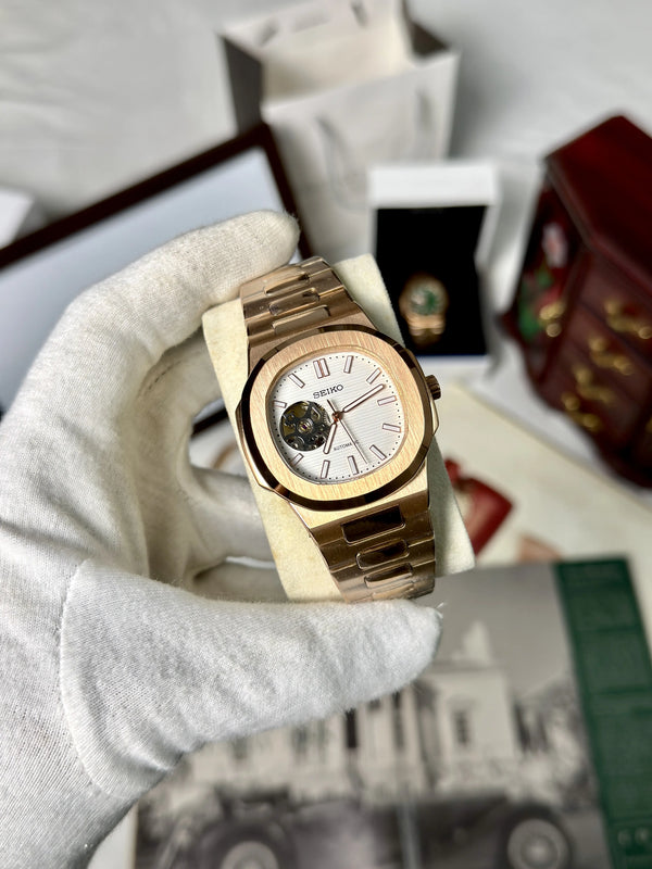 Seiko Nautiko Rose Gold White Open Heart