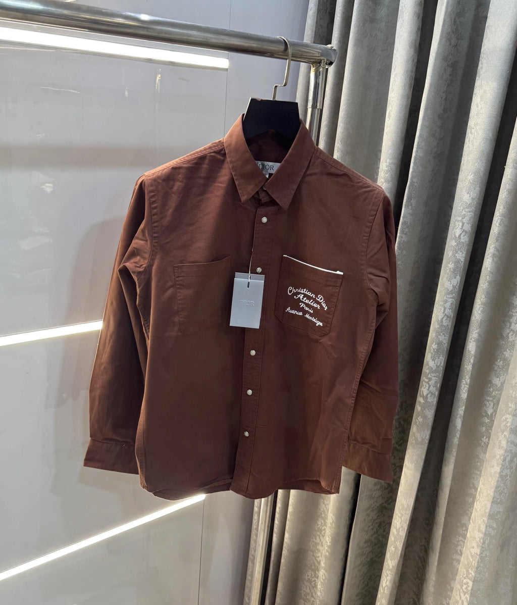 Christian Dior Dark Brown Embroidery Logo Premium Shirt