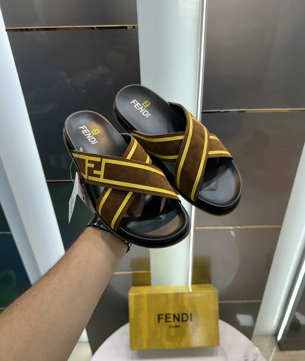 Fendi Tan Brown Premium Slides For Men