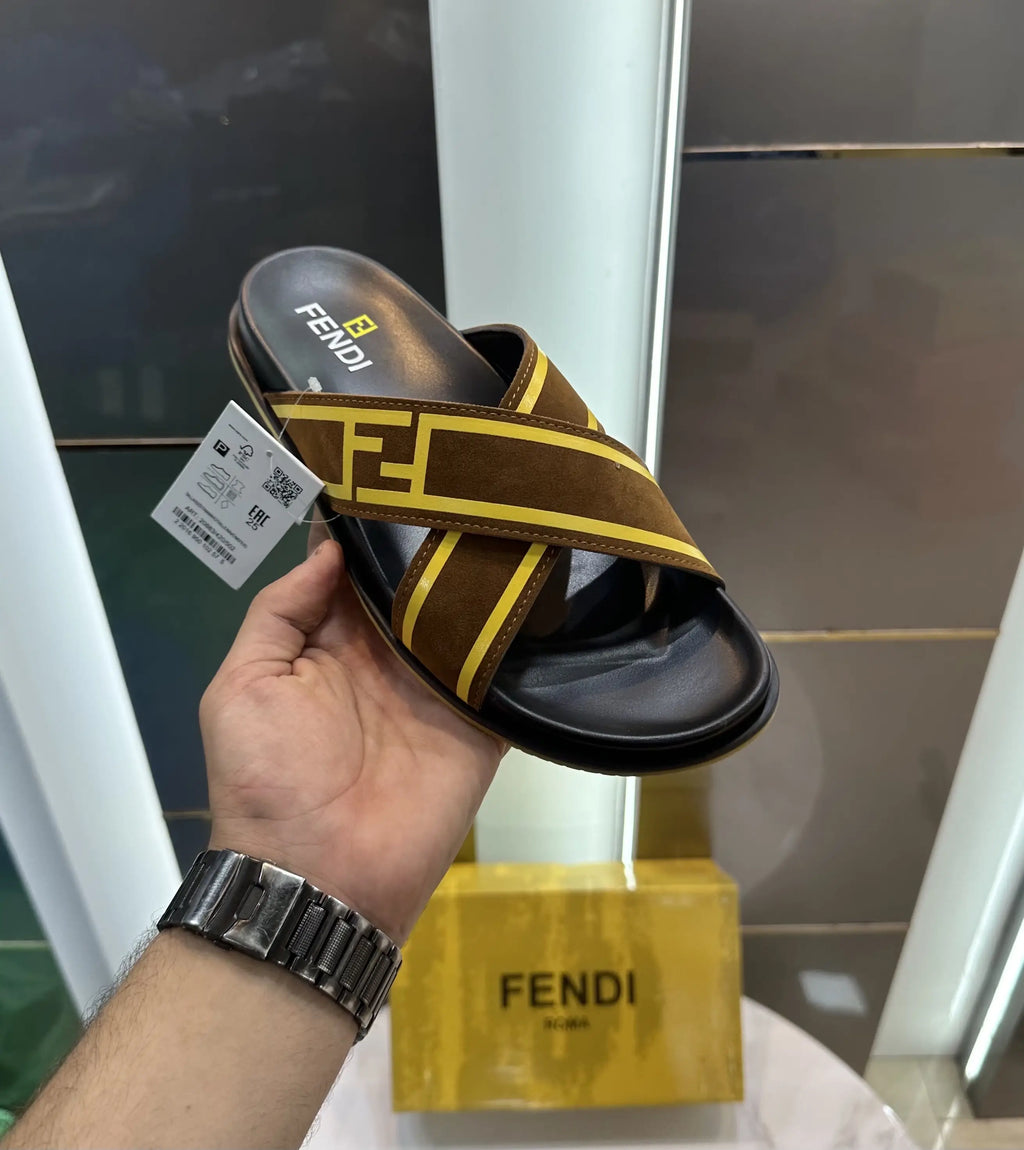 Fendi Tan Brown Premium Slides For Men