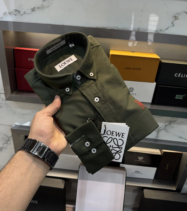 Loewe Dark Olive Embroidery Logo Shirt With Premium Box Packing