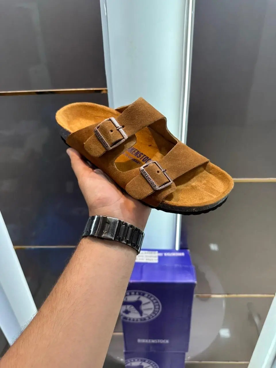 Birkenstock_Tan Arizona Suede Leather Slide Secondary image