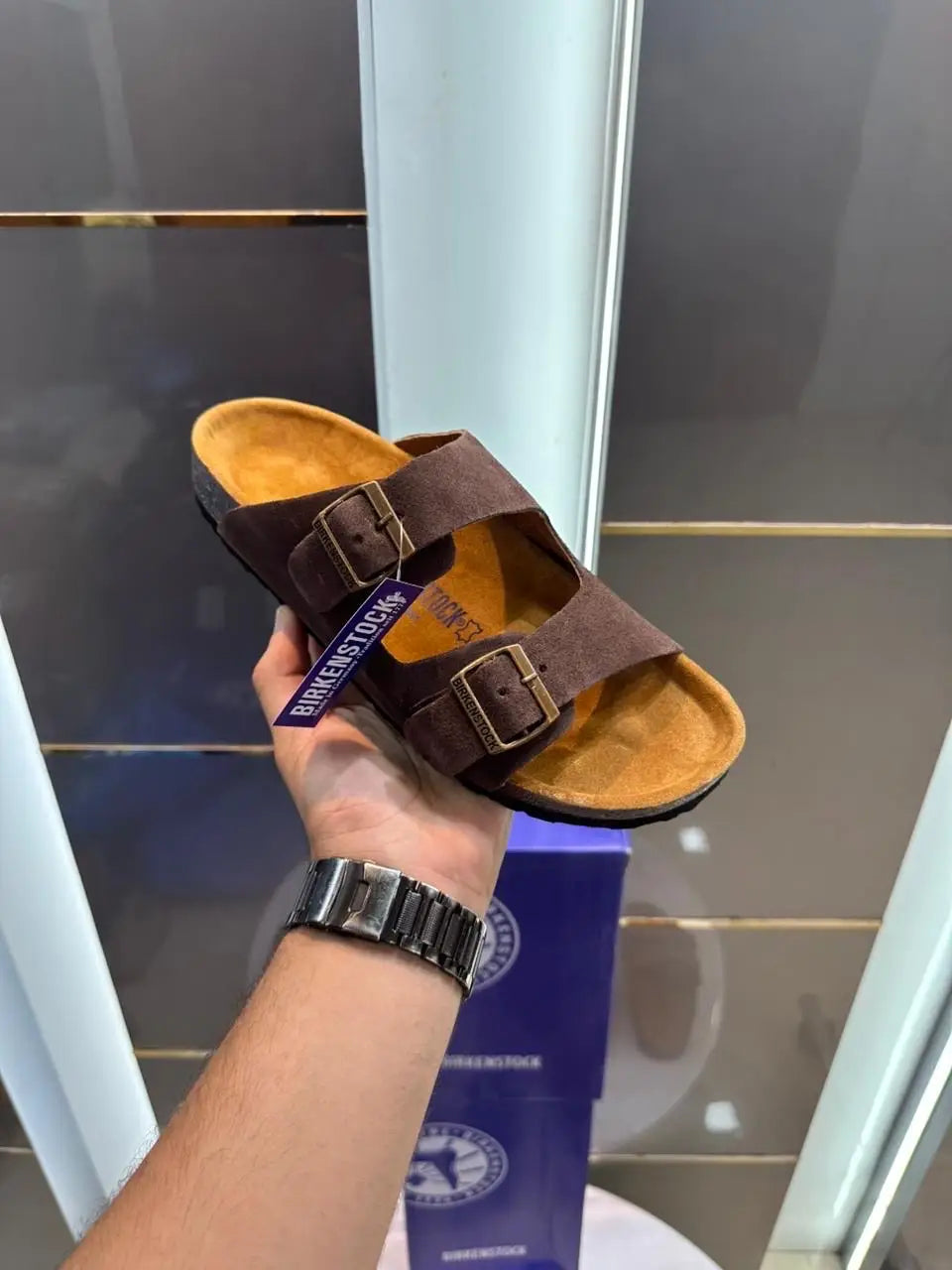 Birkenstock_Brown Arizona Suede Leather Slide Secondary image