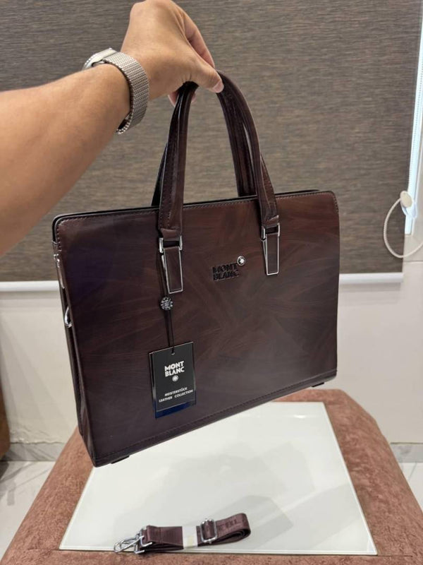 MONT BLANC BROWN BRANDED PREMIUIM LEATHER LAPTOP BAG - F-6626-5