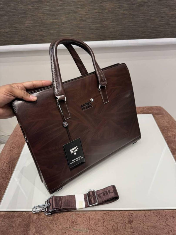 MONT BLANC BROWN BRANDED PREMIUIM LEATHER LAPTOP BAG - F-6626-5