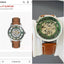fossil townsman me3234 automatic watch with a green skeleton dial and brown leather strap