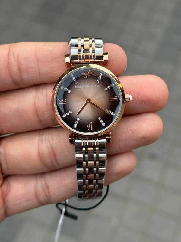 Emporio Arman i Women Two Tone Brown Dial Cut Glass