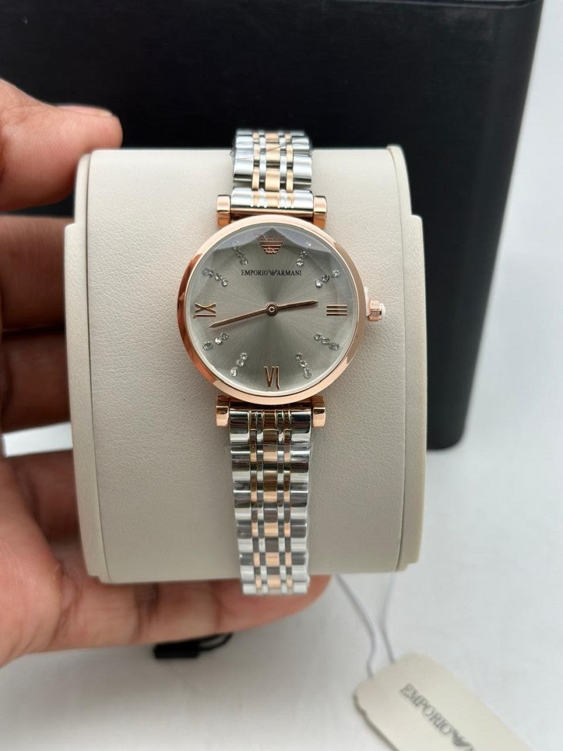 Emporio Arman i Women Two Tone Grey Dial Cut Glass
