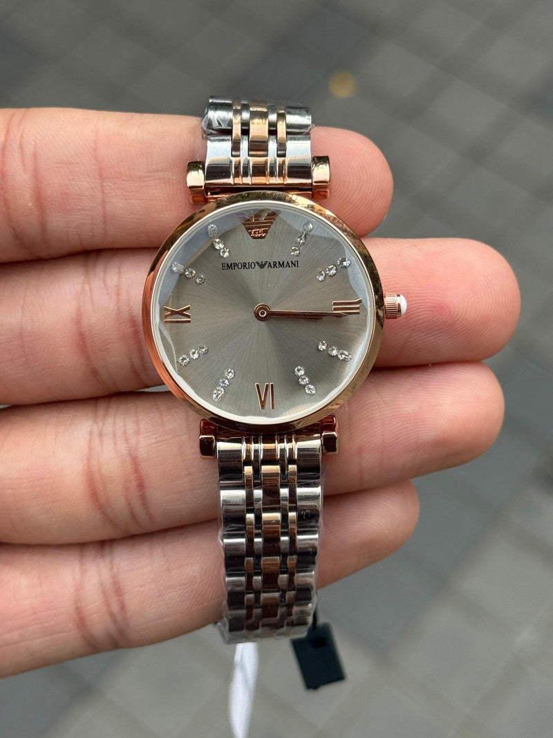 Emporio Arman i Women Two Tone Grey Dial Cut Glass