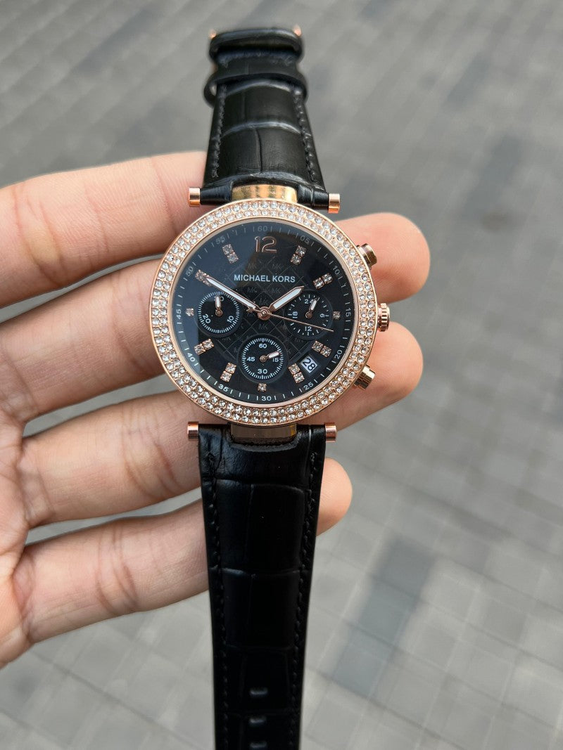 Michael Kor s Leather Black Rose gold Womens Secondary image
