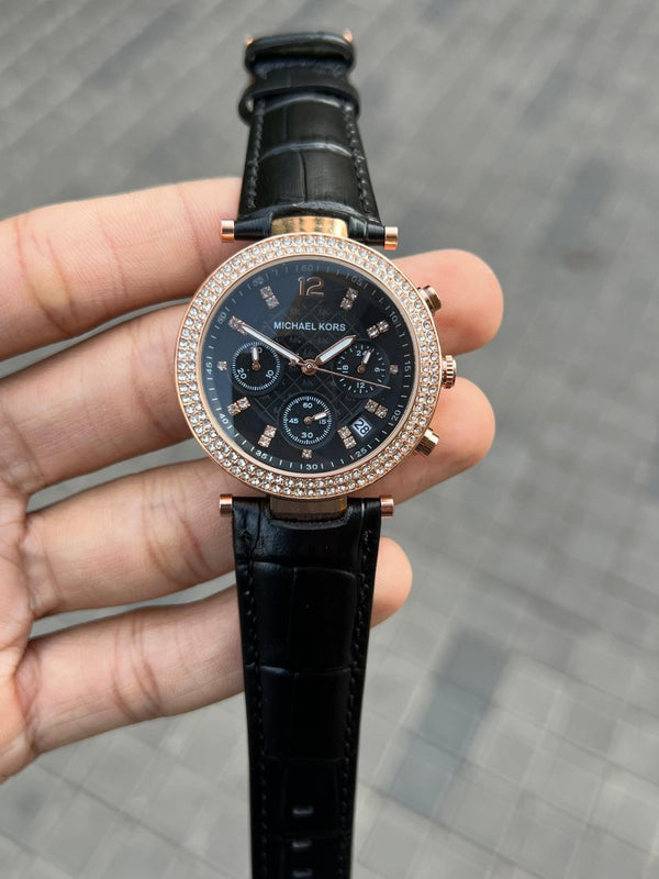 Michael Kor s Leather Black Rose gold Womens