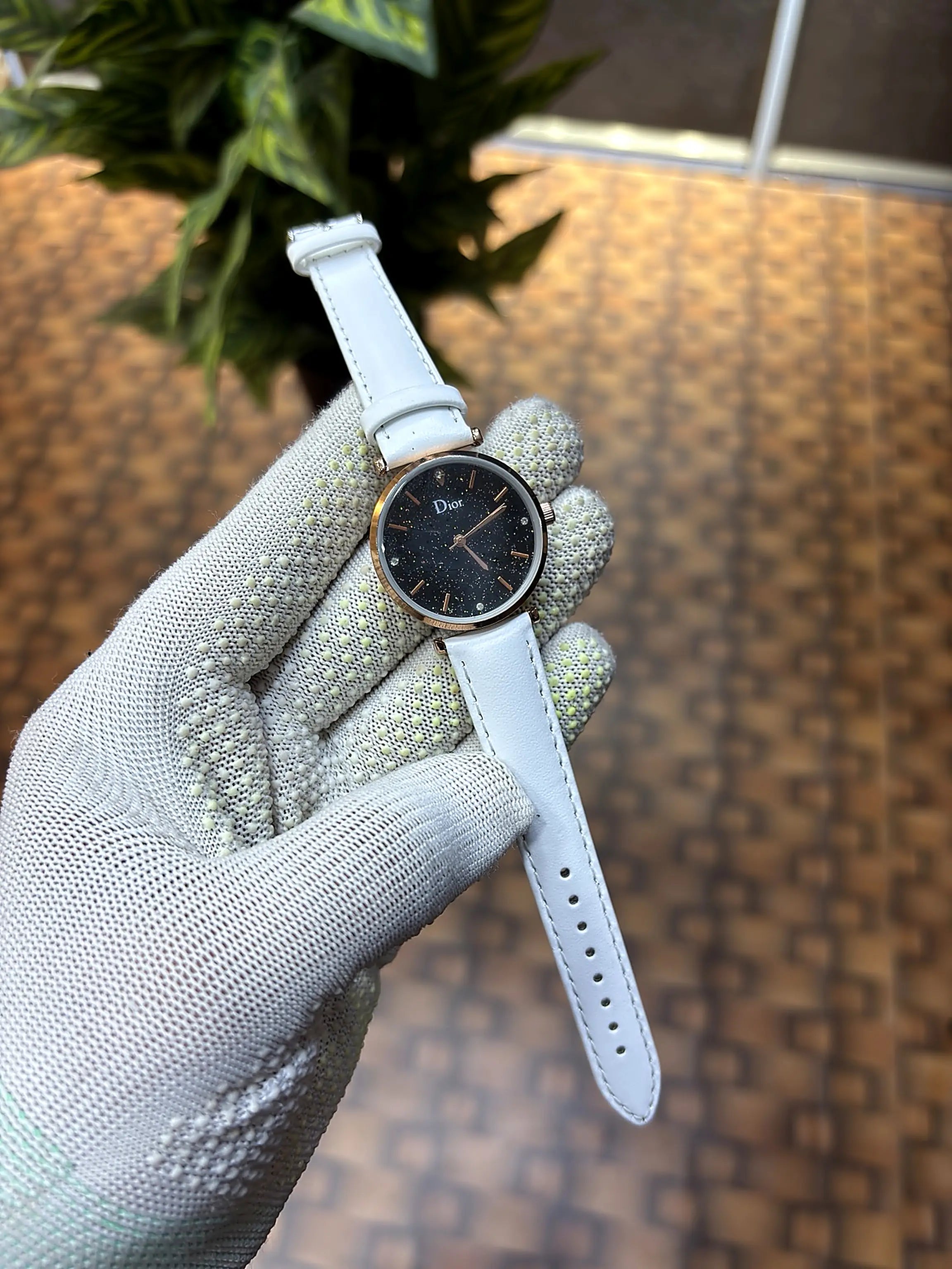 Dior Starry Night Black Dial Rose Gold White Leather Strap Watch for Women