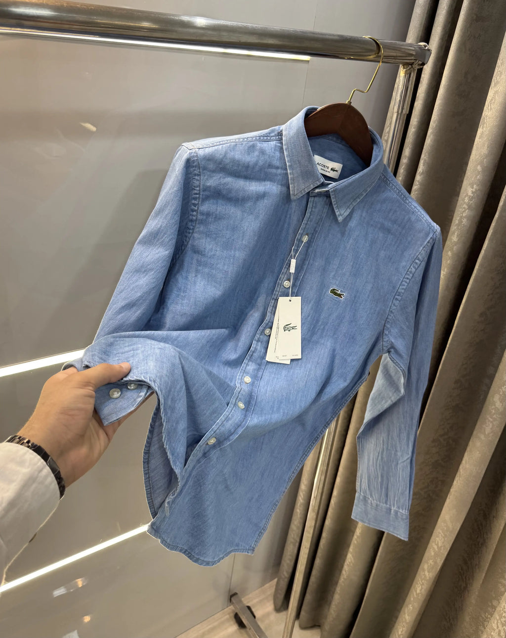 Lacost e Sky Blue 2  Embroidery Logo Premium Denim Shirt