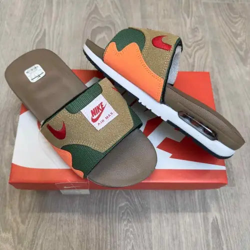 Nike Airmax 1 Premium Brown Green Orange Flip Flop 