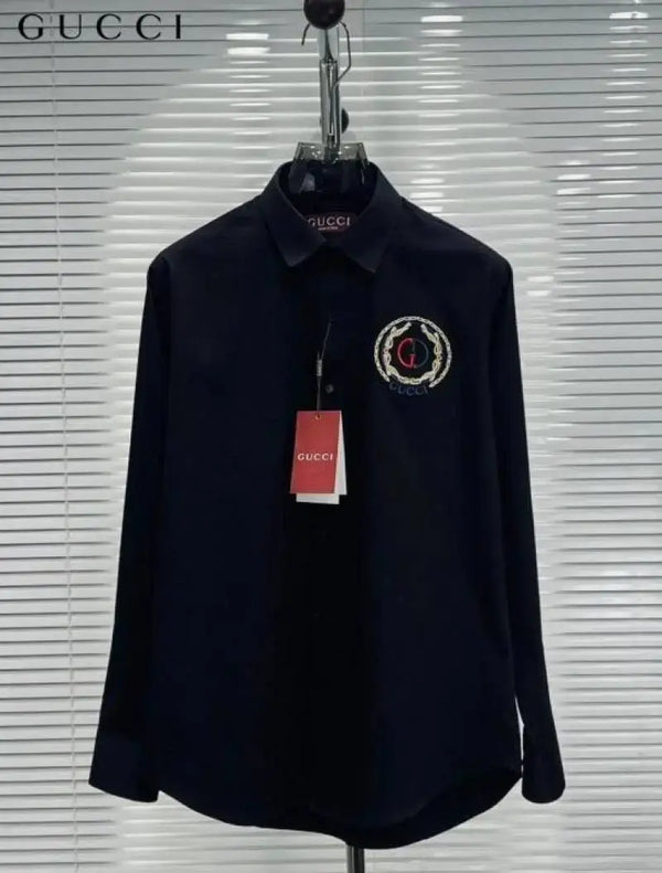 Gucc_i GG Embroidered Black Imported Very Premium Cotton Partywear Shirt With Og Box! And Bag (DN 516)