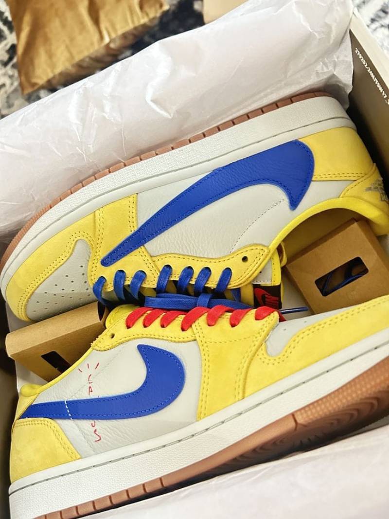 Travis Scott x Air Jordan 1 Retro Low OG SP Canary sneaker.