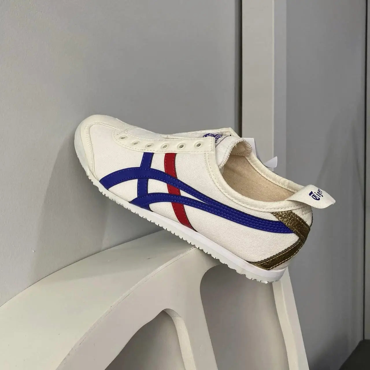 Onitsuk_a Tiger Mexico 66 Slip On White Blue Red Metallic Gold Mens 7A Premium D-2051