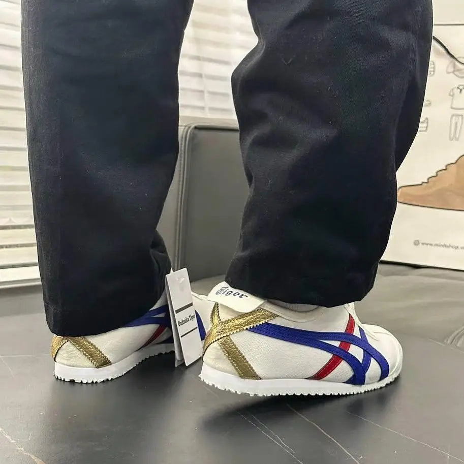 Onitsuk_a Tiger Mexico 66 Slip On White Blue Red Metallic Gold Mens 7A Premium D-2051