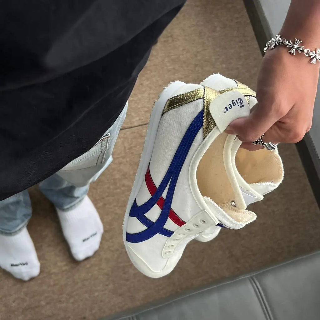 Onitsuk_a Tiger Mexico 66 Slip On White Blue Red Metallic Gold Mens 7A Premium D-2051
