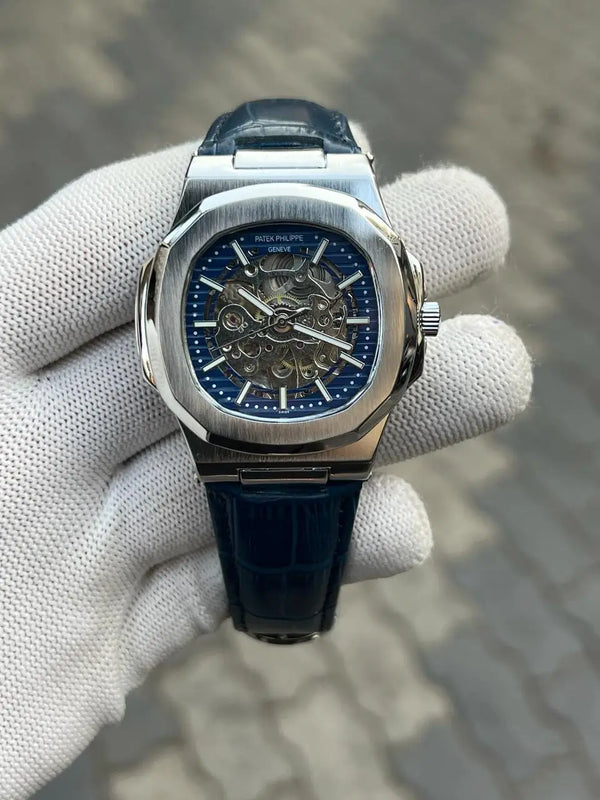 Patek Phillipe Skeleton Leather Belt Blue Silver 