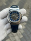 Patek Phillipe Skeleton Leather Belt Blue Silver 