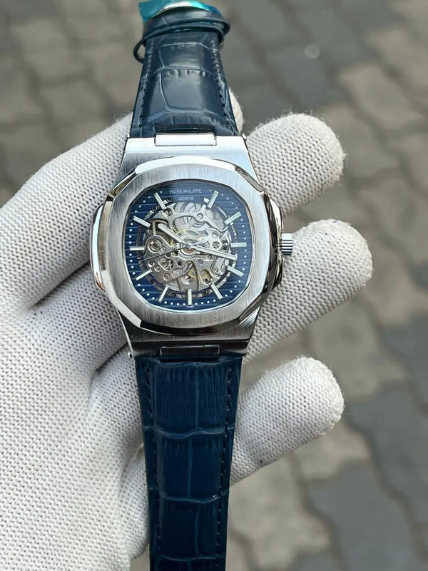 Patek Phillipe Skeleton Leather Belt Blue Silver 