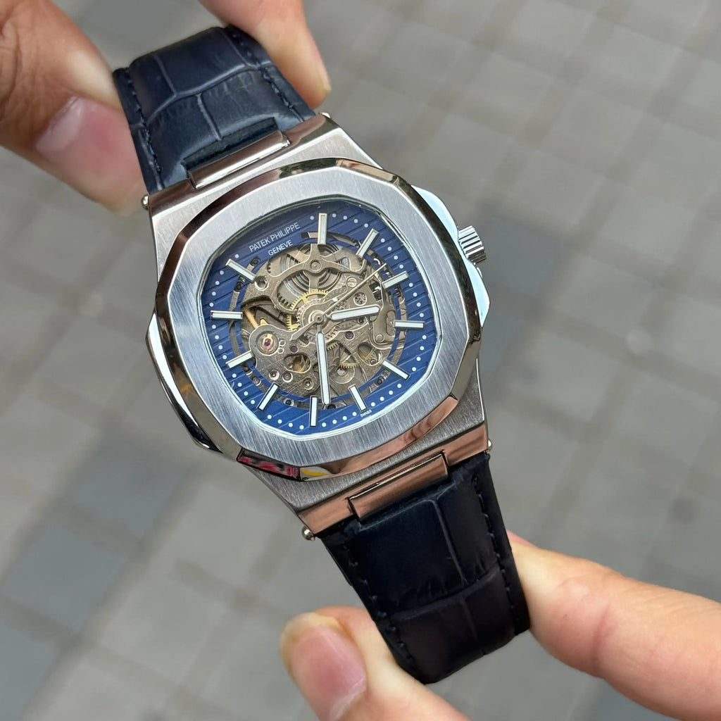 Patek Phillipe Skeleton Leather Belt Blue Silver 