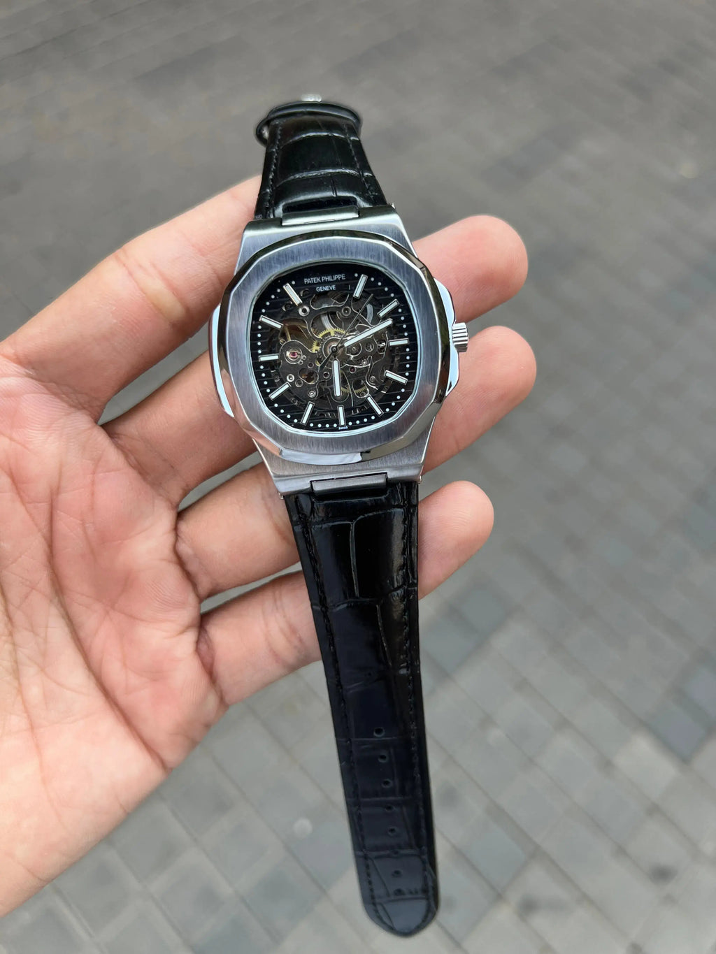 Patek Phillipe Skeleton Leather Belt Black Silver 