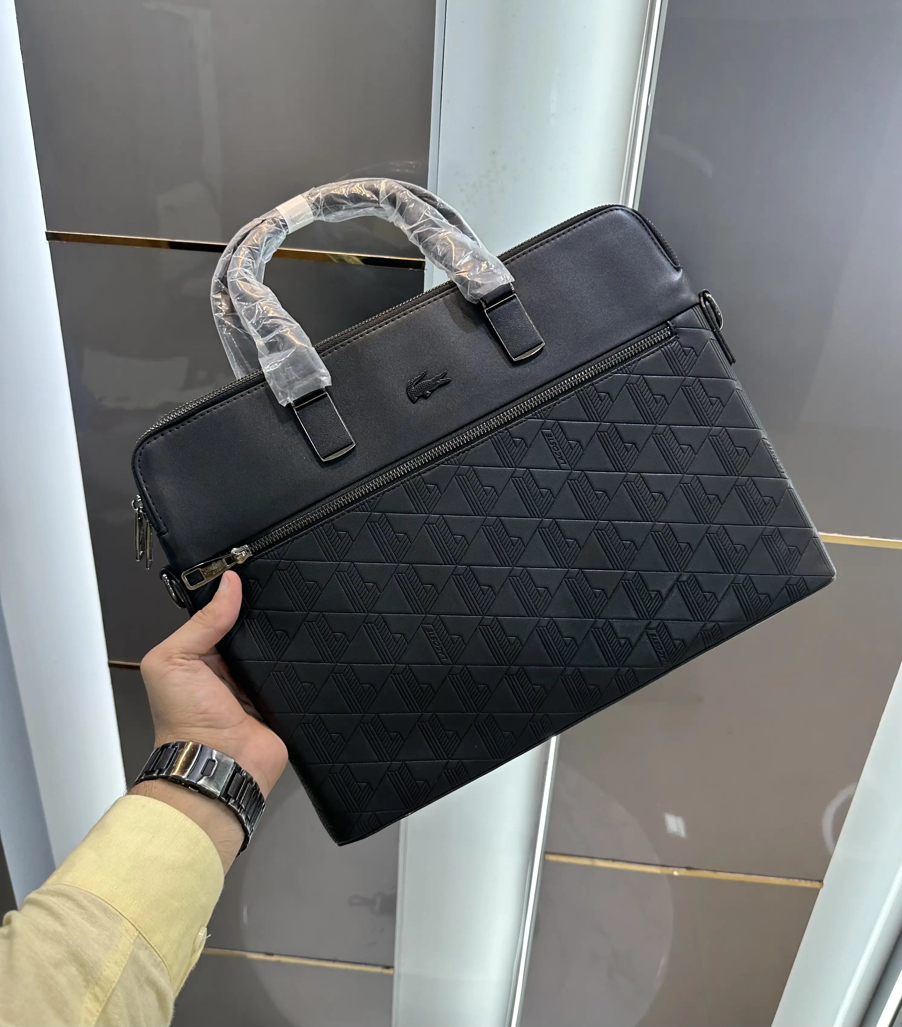 Lacost e Luxury Embossed Premium Imported Black Laptop Bag l165